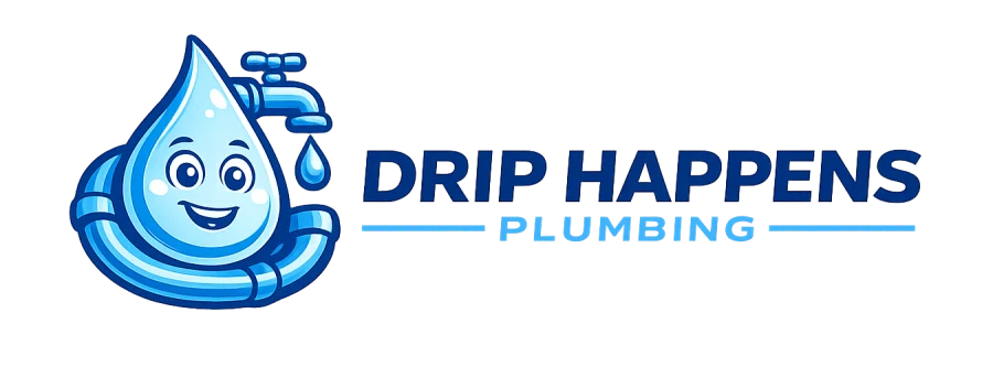 Drip Happens Plumbing logo with a smiling water drop and faucet